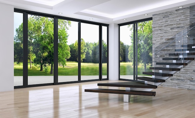 Ilustración de renderización 3D de interiores modernos y brillantes