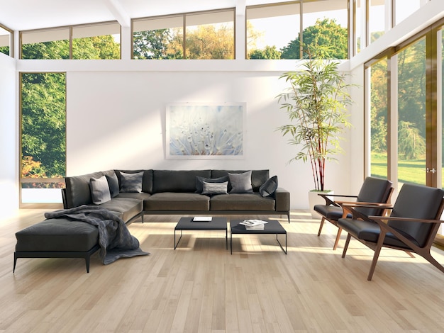 Ilustración de renderización 3D de interiores modernos y brillantes