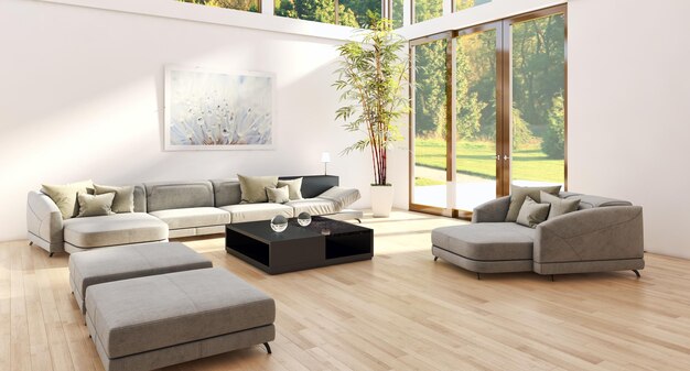 Ilustración de renderización 3D de interiores modernos y brillantes