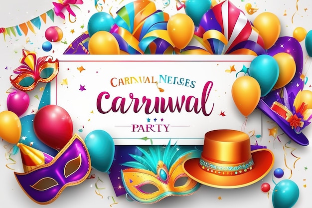 Ilustración de renderización 3D Letras coloridas para Carnaval con elementos de fiesta decorados ai generados