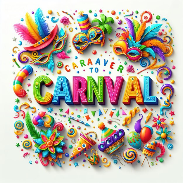 Foto ilustración de renderización 3d letras coloridas para carnaval con elementos de fiesta decorados en fondo blanco espacio de diseño de encabezado o banner para texto o mensaje generado