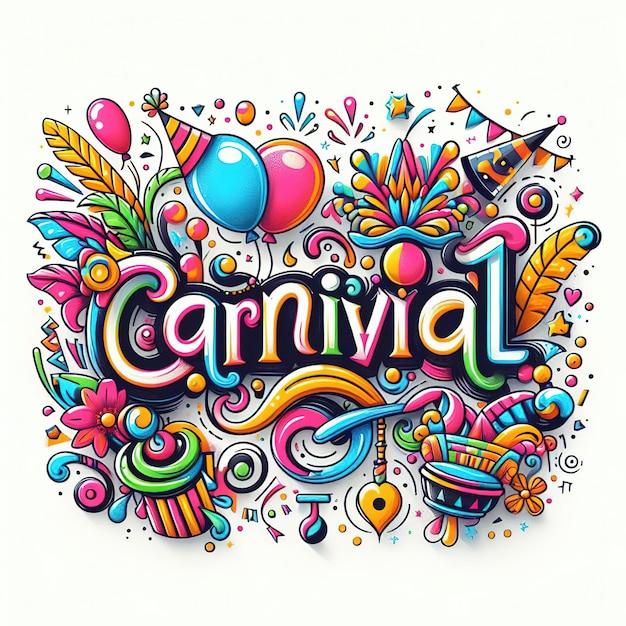 Foto ilustración de renderización 3d letras coloridas para el carnaval con elementos de fiesta decorados en la parte posterior blanca