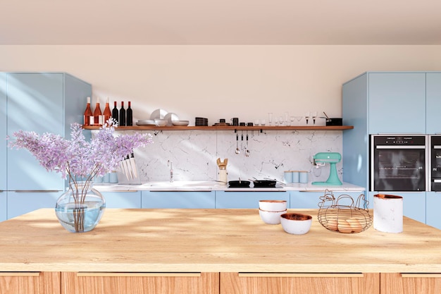 Ilustración renderizada en 3d de una cocina moderna con armarios de color azul claro y una isla superior de madera
