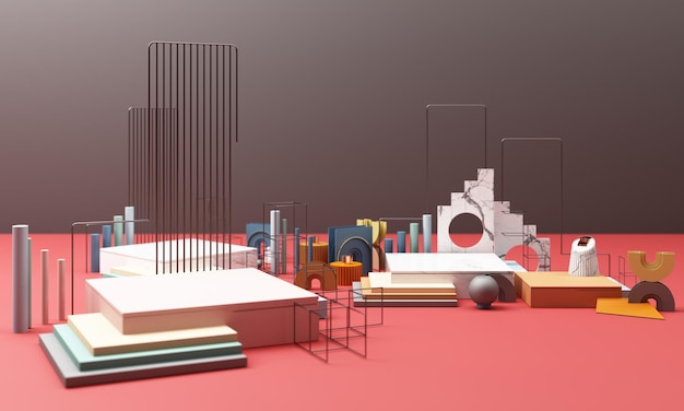 Ilustración renderizada en 3D con formas geométricas Plataformas de colores pastel para la presentación del producto Composición abstracta en estilo moderno Diseño minimalista con espacio vacío