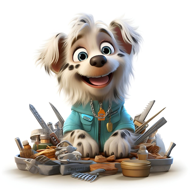 Ilustración renderizada en 3D de un personaje de dibujos animados de perros con muchas herramientas