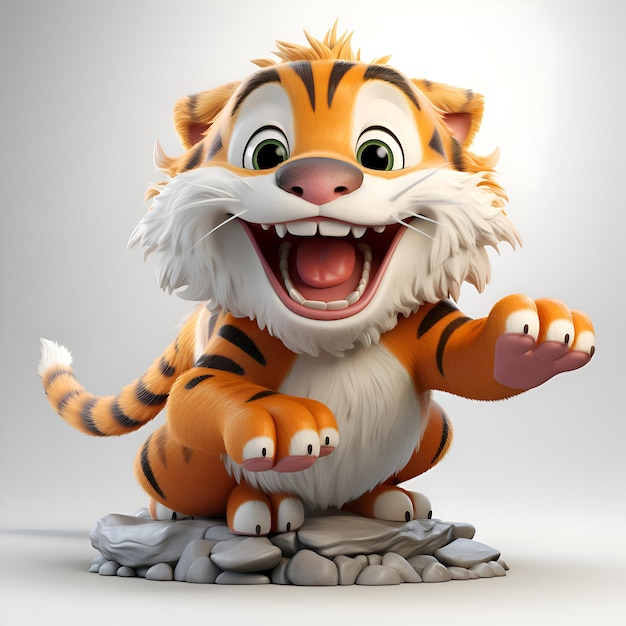 Ilustración renderizada en 3D de un personaje de dibujos animados de tigre con una expresión feliz.