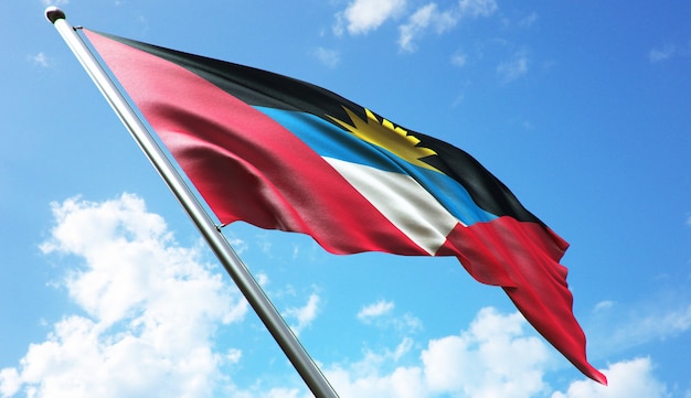 Ilustración de renderizado 3D de alta resolución de la bandera de Antigua y Barbuda con un fondo de cielo azul