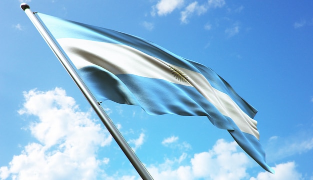 Ilustración de renderizado 3D de alta resolución de la bandera Argentina con un fondo de cielo azul