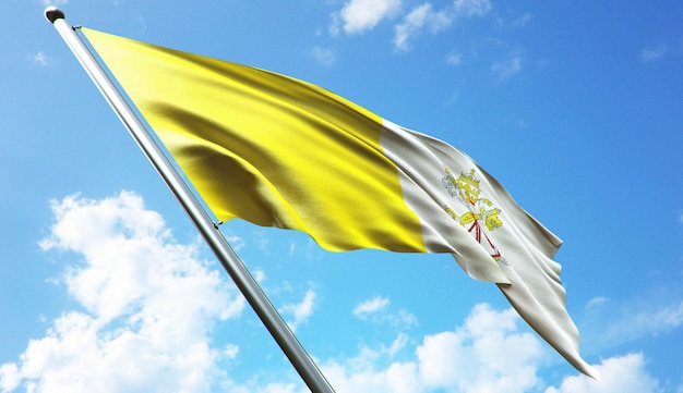 Foto ilustración de renderizado 3d de alta resolución de la bandera de la ciudad del vaticano con un fondo de cielo azul