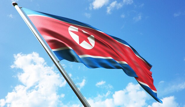 Ilustración de renderizado 3D de alta resolución de la bandera de Corea del Norte con un fondo de cielo azul