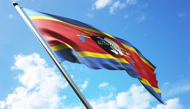 Ilustración de renderizado 3D de alta resolución de la bandera de Eswatini con un fondo de cielo azul
