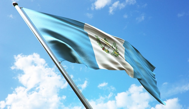 Ilustración de renderizado 3D de alta resolución de la bandera de Guatemala con un fondo de cielo azul