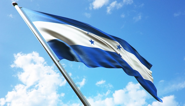 Ilustración de renderizado 3D de alta resolución de la bandera de Honduras con un fondo de cielo azul