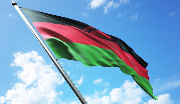 Ilustración de renderizado 3D de alta resolución de la bandera de Malawi con un fondo de cielo azul