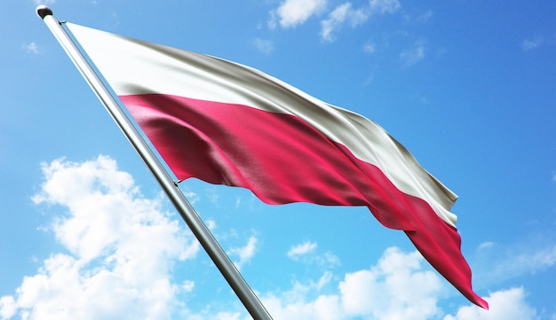 Ilustración de renderizado 3D de alta resolución de la bandera de Polonia con un fondo de cielo azul