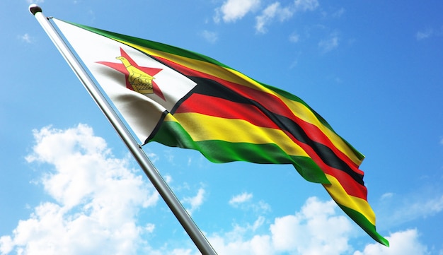 Ilustración de renderizado 3D de alta resolución de la bandera de Zimbabw con un fondo de cielo azul