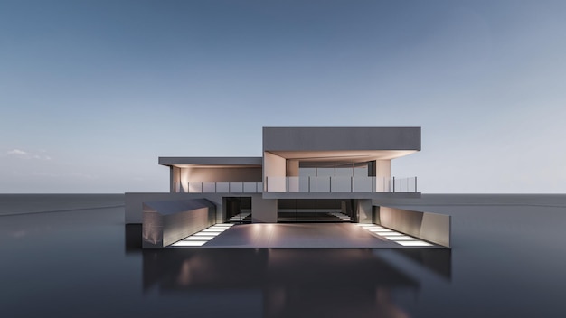 Ilustración de renderizado 3d de arquitectura de casa minimalista moderna con paisaje natural