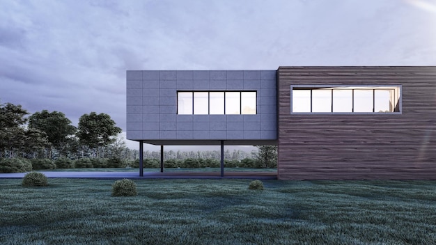 Ilustración de renderizado 3d de arquitectura de casa minimalista moderna con paisaje natural