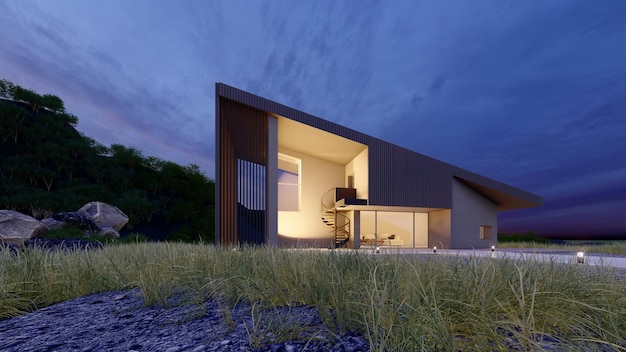 Ilustración de renderizado 3d de arquitectura de casa minimalista moderna con paisaje natural
