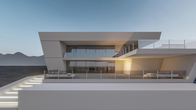 Ilustración de renderizado 3d de arquitectura de casa minimalista moderna con paisaje natural