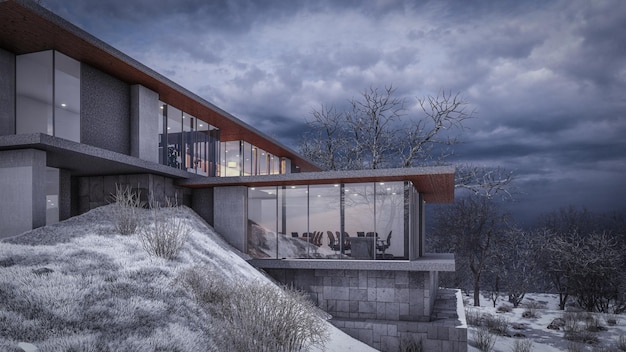 Ilustración de renderizado 3d de arquitectura de casa minimalista moderna con terreno de pendiente blanca