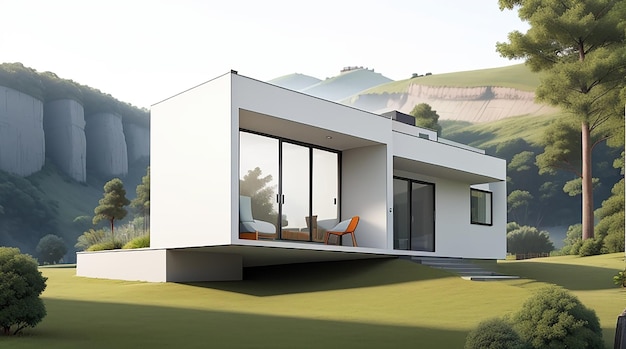 Ilustración de renderizado 3d de arquitectura de casa moderna mínima con paisaje natural