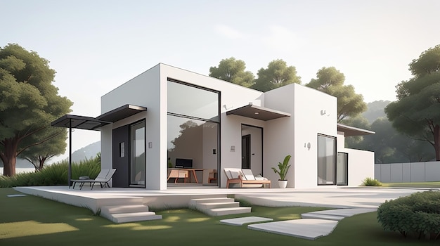 Ilustración de renderizado 3d de arquitectura de casa moderna mínima