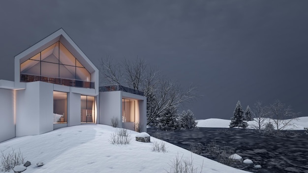 Ilustración de renderizado 3D de casa moderna con paisaje de nieve