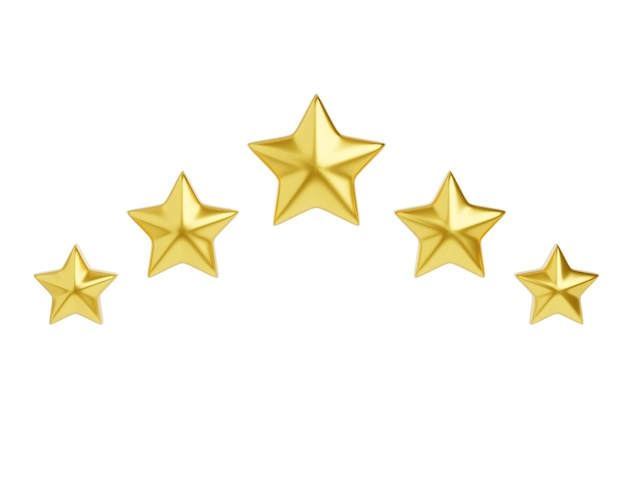 Ilustración de renderizado 3d de cinco estrellas doradas para el concepto de revisión del cliente Concepto de experiencia positiva del cliente