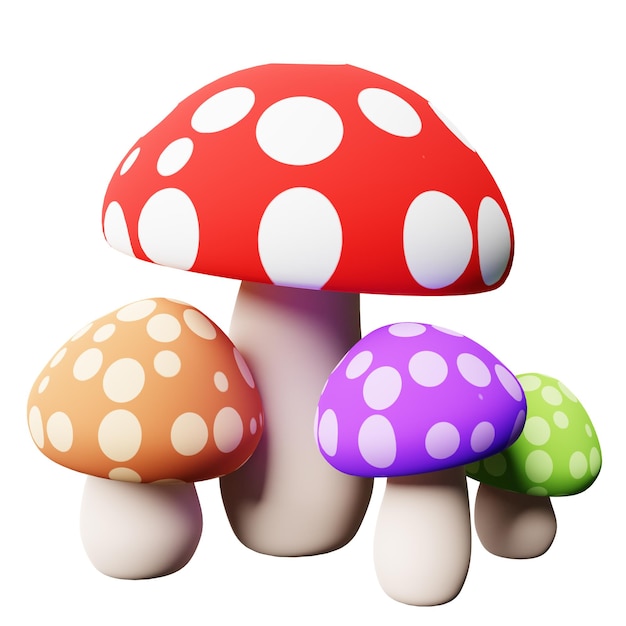 Ilustración de renderizado 3d colonia de hongos coloridos, halloween y naturaleza tema de la temporada de otoño
