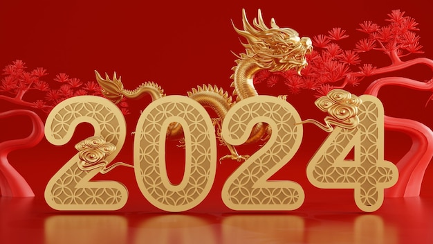 Ilustración de renderizado 3d para feliz año nuevo chino 2024 el signo del zodiaco del dragón con linterna de flores elementos asiáticos rojo y dorado en el fondo Año de traducción del dragón 2024 xA