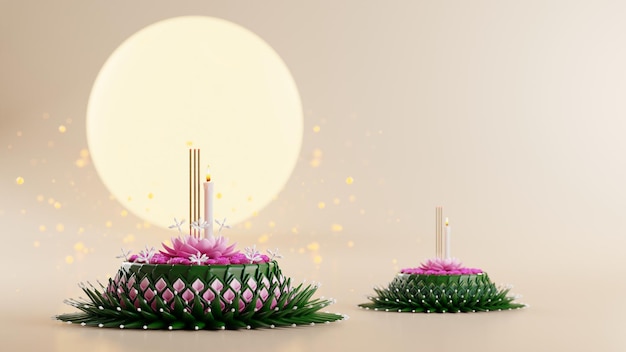 Ilustración de renderizado 3d Festival Loy Krathong y festival Yi Peng en Tailandia krathong de hojas de plátano flores velas y varitas de incienso río de luna llena y color de fondo nocturno