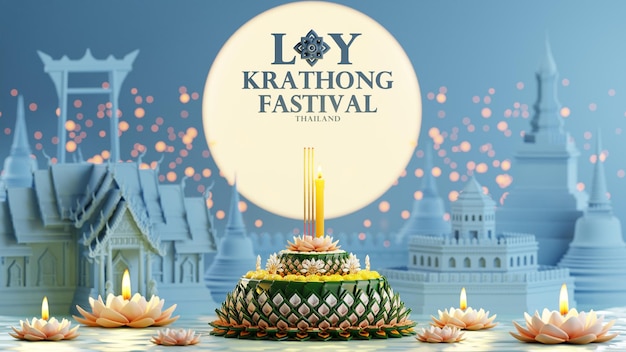 Ilustración de renderizado 3d Festival Loy Krathong y festival Yi Peng en Tailandia krathong de hojas de plátano flores velas y varitas de incienso río de luna llena y color de fondo nocturno