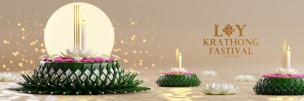 Ilustración de renderizado 3d Festival Loy Krathong y festival Yi Peng en Tailandia krathong de hojas de plátano flores velas y varitas de incienso río de luna llena y color de fondo nocturno