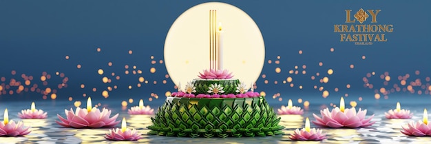 Ilustración de renderizado 3d Festival Loy Krathong y festival Yi Peng en Tailandia krathong de hojas de plátano flores velas y varitas de incienso río de luna llena y color de fondo nocturno