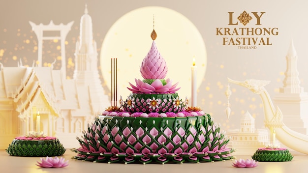 Ilustración de renderizado 3d Festival Loy Krathong y festival Yi Peng en Tailandia krathong de hojas de plátano flores velas y varitas de incienso río de luna llena y color de fondo nocturno