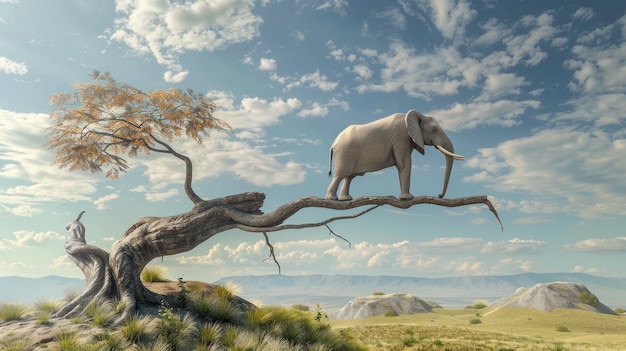 Ilustración de renderizado 3D gran animal elefante de pie en la rama de un árbol en el paisaje al aire libre generado por IA