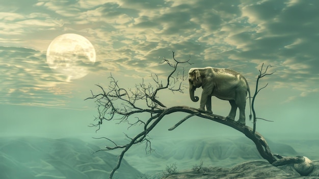 Ilustración de renderizado 3D gran animal elefante de pie en la rama de un árbol en el paisaje al aire libre generado por IA