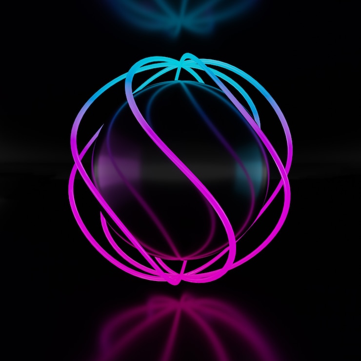 Foto ilustración de renderizado 3d, iluminación de neón que brilla intensamente con luz azul rosa con esfera negra sobre fondo oscuro.