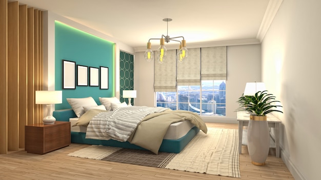 Ilustración de renderizado 3D del interior de un dormitorio