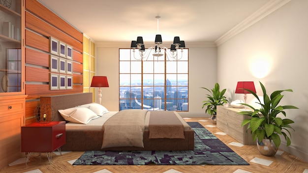 Ilustración de renderizado 3D del interior de un dormitorio