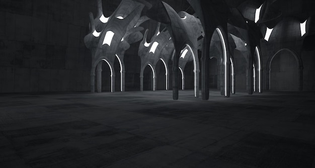 Ilustración y renderizado 3D interior gótico de hormigón abstracto