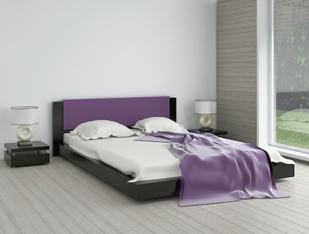 Ilustración de renderizado 3D de interiores de dormitorio moderno y luminoso