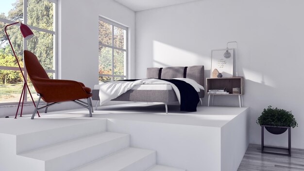 Ilustración de renderizado 3D de interiores de dormitorio moderno y luminoso