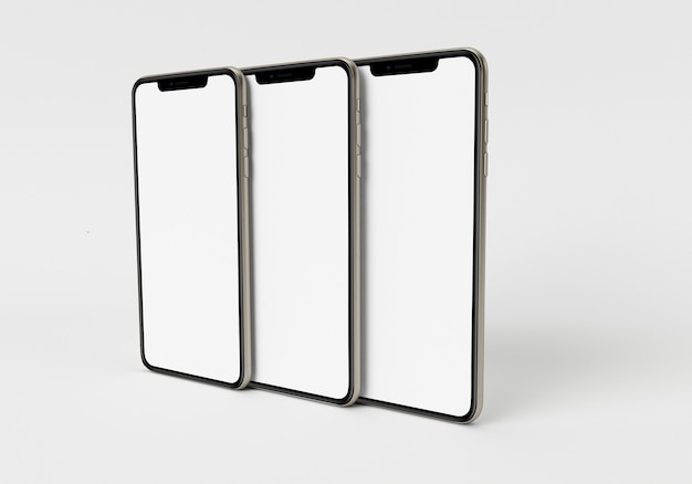 Ilustración de renderizado 3D mano sosteniendo el teléfono inteligente blanco con pantalla completa y marco moderno menos desi