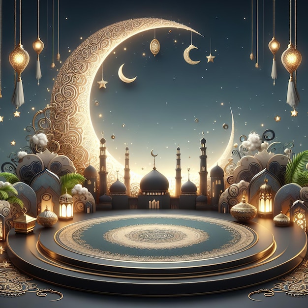 Ilustración de renderizado 3D podio círculo de ramadán podio fondo ulta detallado perfecto ai generado