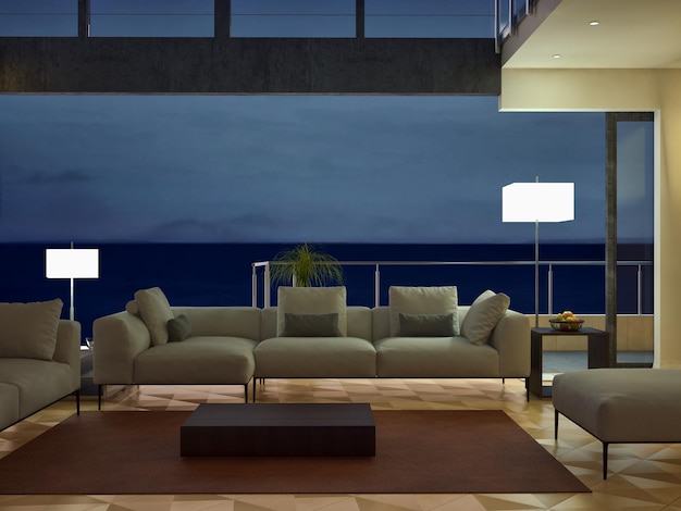 Ilustración de renderizado 3D de sala de interiores modernos y luminosos