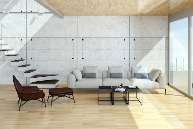 Ilustración de renderizado 3D de sala de interiores modernos y luminosos