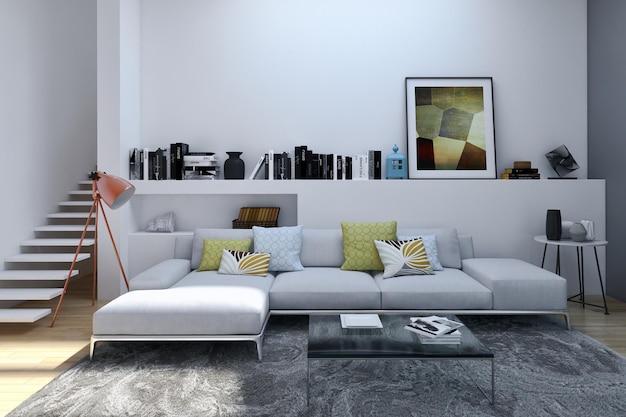 Ilustración de renderizado 3D de sala de interiores modernos y luminosos