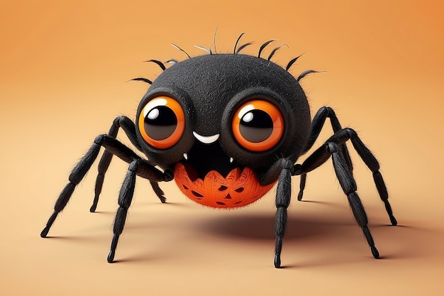 Foto ilustración de renderizado 3d sonriente pequeña araña linda en fondo aislado naranja con texto feliz halloween